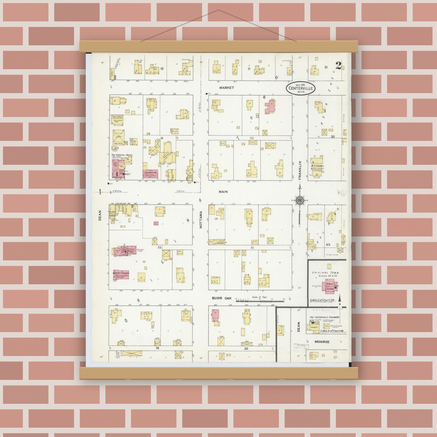 Old map wall art mockup — magnetic wood frame on brick wall — Sanborn Fire Insurance Map from Centreville, Saint Joseph County, Michigan (1911), Sheet #0002