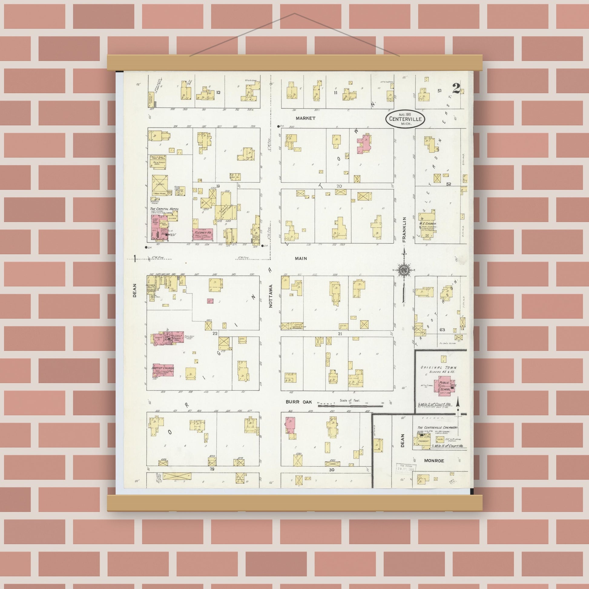 Old map wall art mockup — magnetic wood frame on brick wall — Sanborn Fire Insurance Map from Centreville, Saint Joseph County, Michigan (1911), Sheet #0002