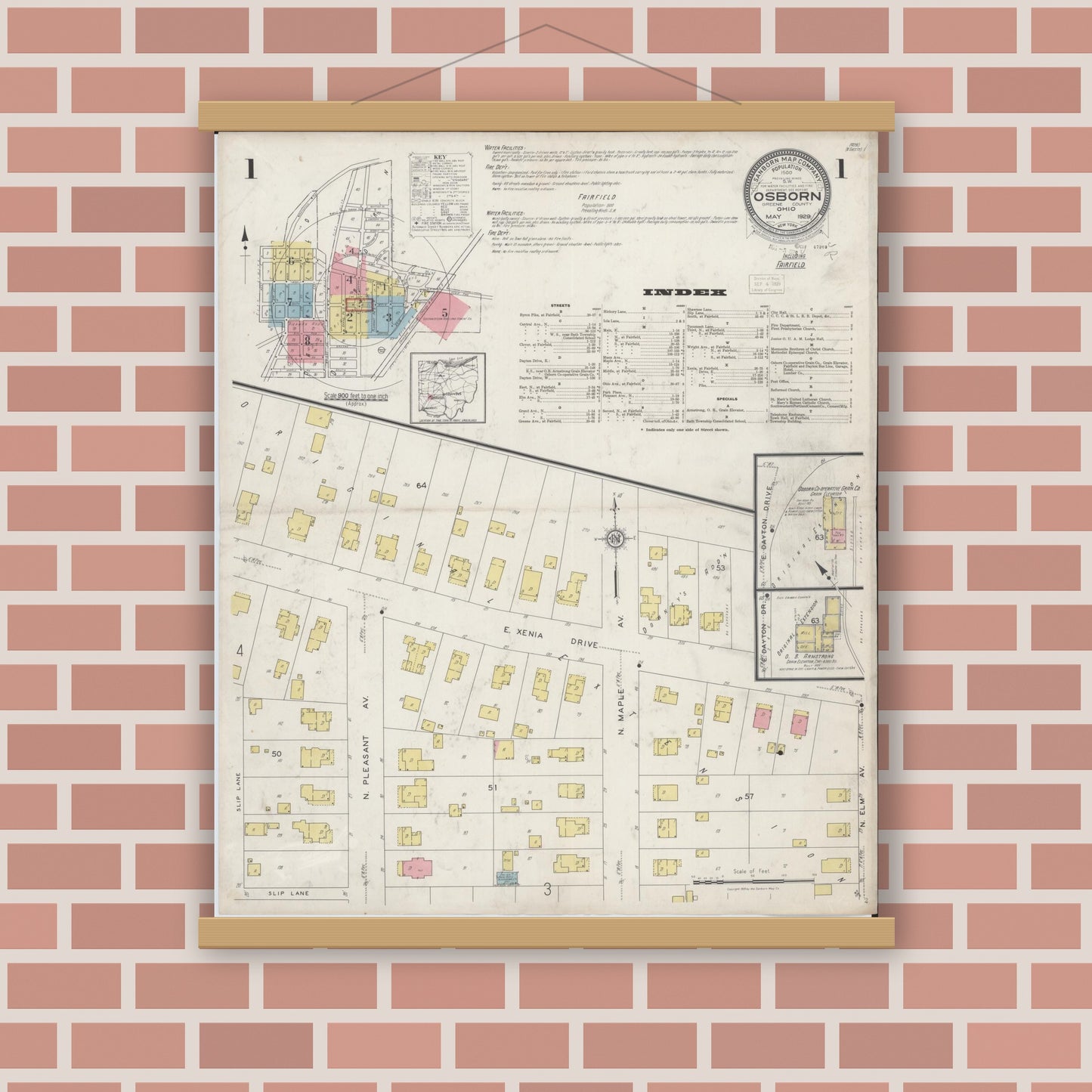 Old map wall art mockup — magnetic wood frame on brick wall — Sanborn Fire Insurance Map from Osborn, Greene County, Ohio (1929), Sheet #0001