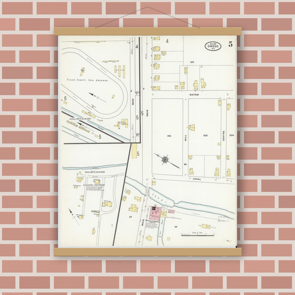 Old map wall art mockup — magnetic wood frame on brick wall — Sanborn Fire Insurance Map from Owego, Tioga County, New York (1910), Sheet #0005