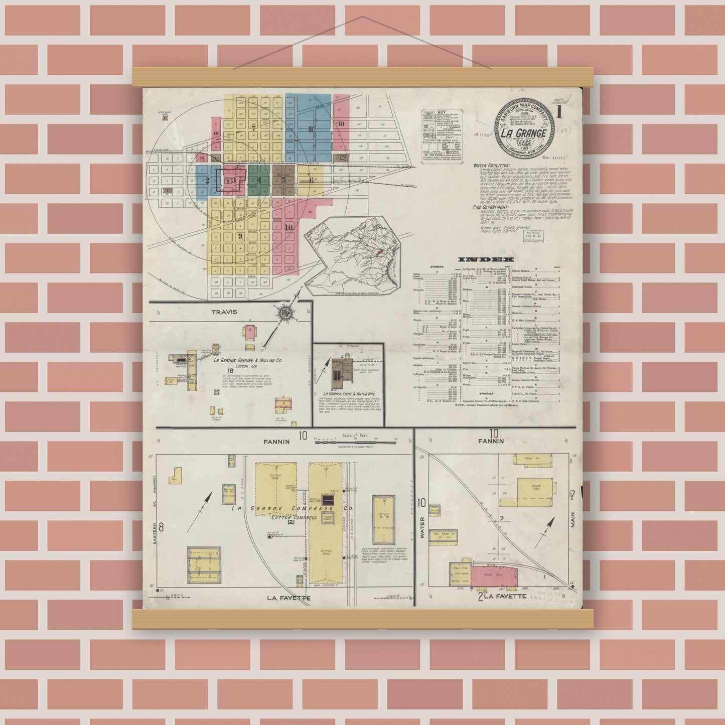 Old map wall art mockup — magnetic wood frame on brick wall — Sanborn Fire Insurance Map from La Grange, Fayette County, Texas (1921), Sheet #0001