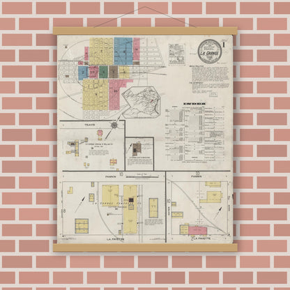 Old map wall art mockup — magnetic wood frame on brick wall — Sanborn Fire Insurance Map from La Grange, Fayette County, Texas (1921), Sheet #0001