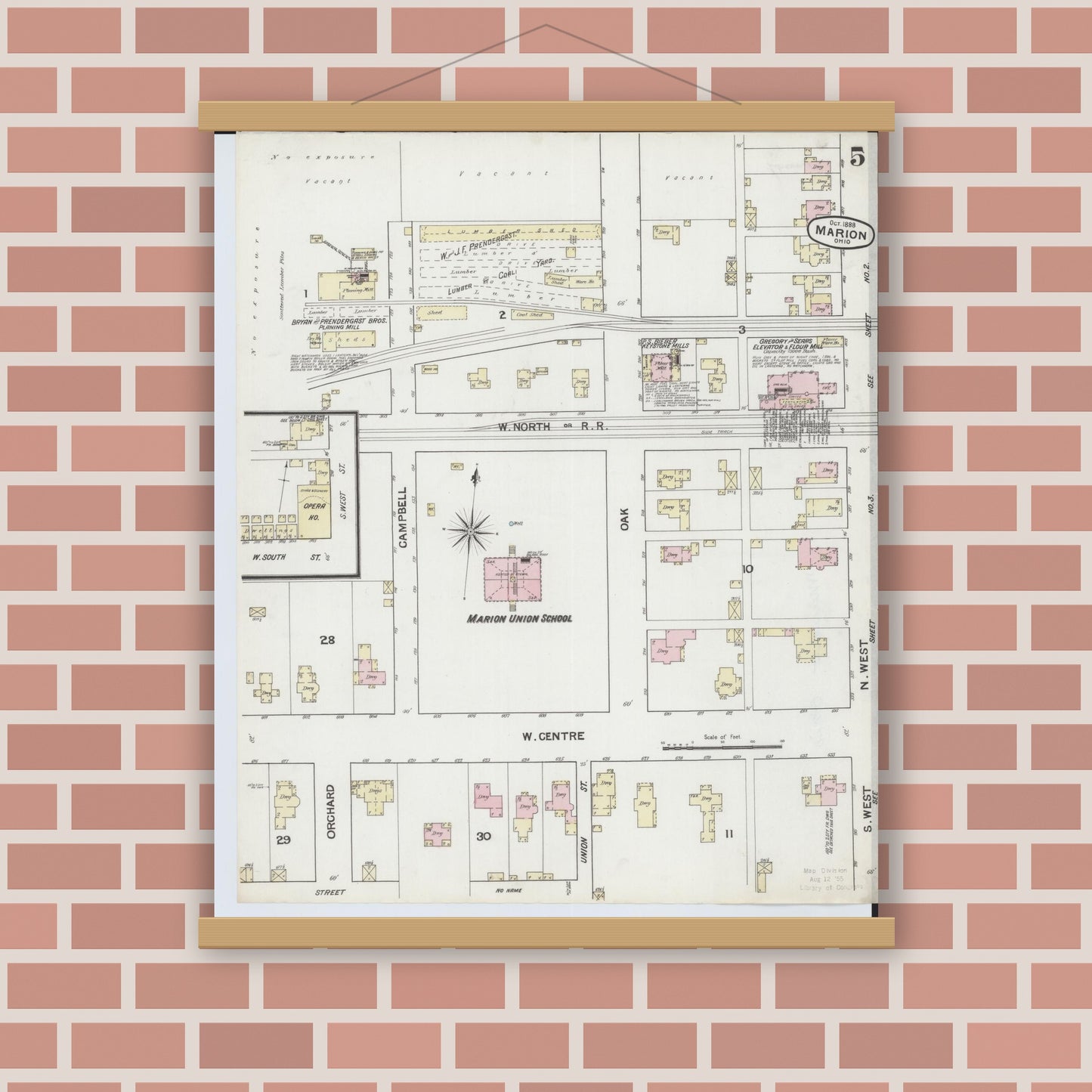 Old map wall art mockup — magnetic wood frame on brick wall — Sanborn Fire Insurance Map from Marion, Marion County, Ohio (1888), Sheet #0005