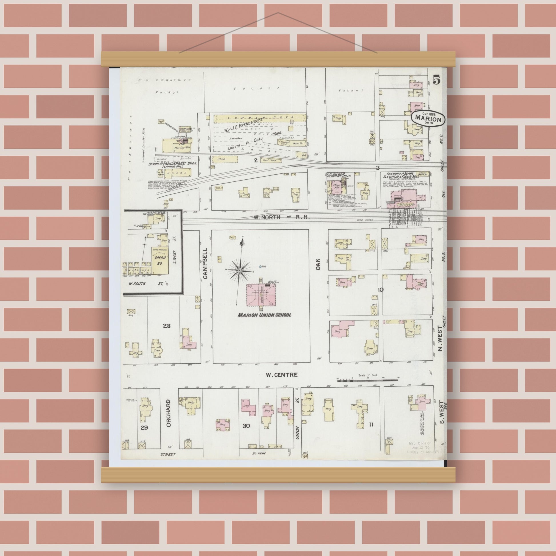 Old map wall art mockup — magnetic wood frame on brick wall — Sanborn Fire Insurance Map from Marion, Marion County, Ohio (1888), Sheet #0005