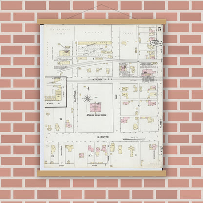 Old map wall art mockup — magnetic wood frame on brick wall — Sanborn Fire Insurance Map from Marion, Marion County, Ohio (1888), Sheet #0005
