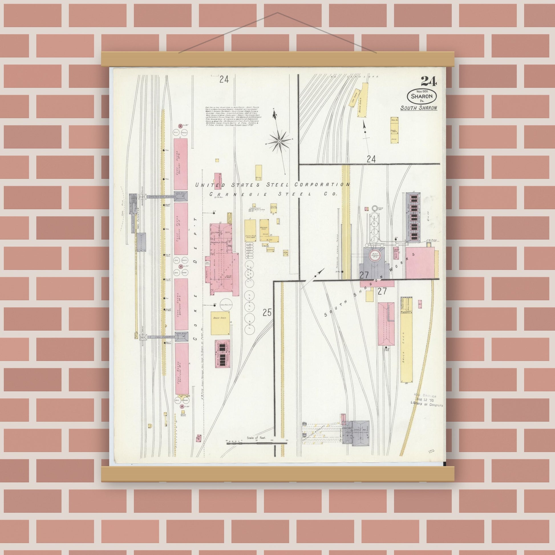 Old map wall art mockup — magnetic wood frame on brick wall — Sanborn Fire Insurance Map from Sharon, Mercer County, Pennsylvania (1908), Sheet #0024