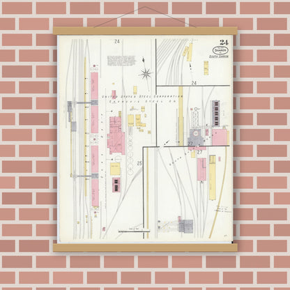 Old map wall art mockup — magnetic wood frame on brick wall — Sanborn Fire Insurance Map from Sharon, Mercer County, Pennsylvania (1908), Sheet #0024