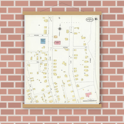 Old map wall art mockup — magnetic wood frame on brick wall — Sanborn Fire Insurance Map from Greenville, Mercer County, Pennsylvania (1911), Sheet #0016