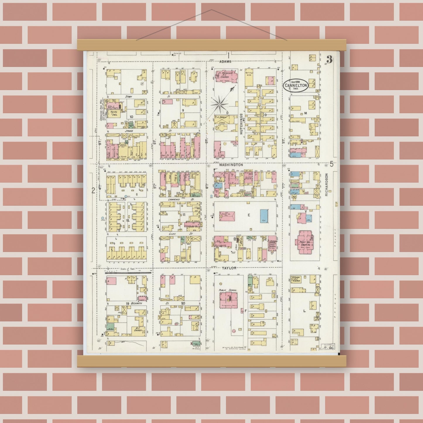 Old map wall art mockup — magnetic wood frame on brick wall — Sanborn Fire Insurance Map from Cannelton, Perry County, Indiana (1898), Sheet #0003