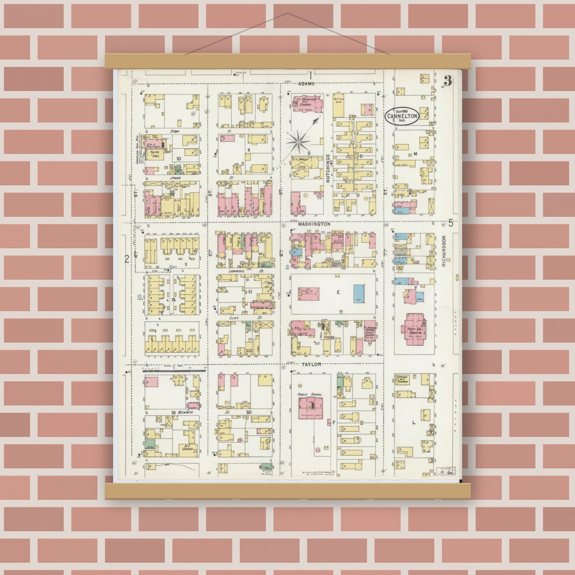 Old map wall art mockup — magnetic wood frame on brick wall — Sanborn Fire Insurance Map from Cannelton, Perry County, Indiana (1898), Sheet #0003