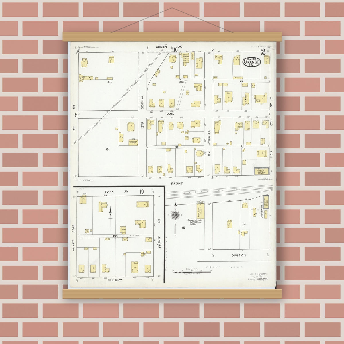 Old map wall art mockup — magnetic wood frame on brick wall — Sanborn Fire Insurance Map from Orange, Orange County, Texas (1919), Sheet #0002