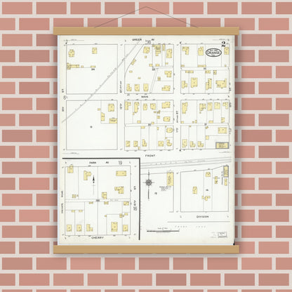 Old map wall art mockup — magnetic wood frame on brick wall — Sanborn Fire Insurance Map from Orange, Orange County, Texas (1919), Sheet #0002