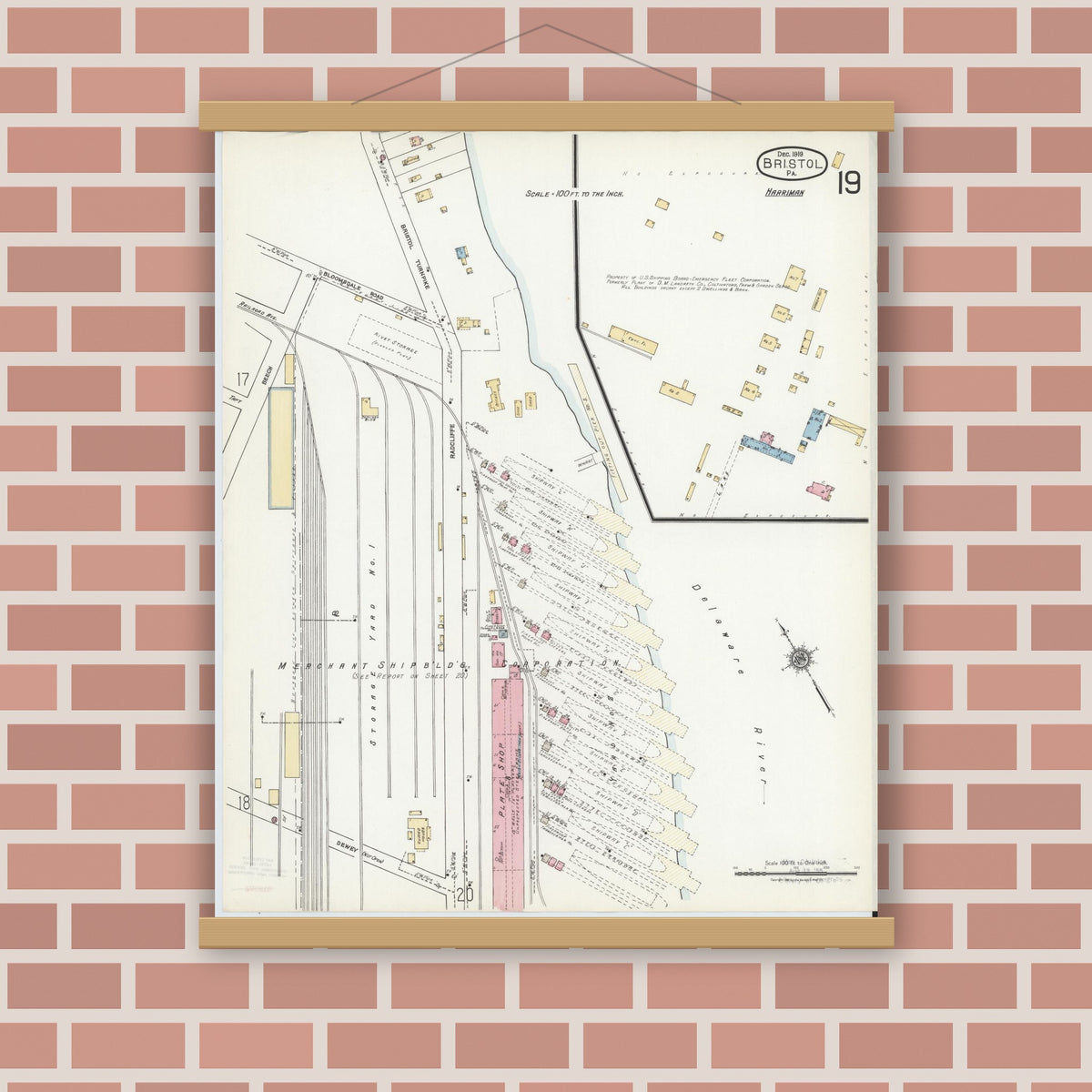 Old map wall art mockup — magnetic wood frame on brick wall — Sanborn Fire Insurance Map from Bristol, Bucks County, Pennsylvania (1927), Sheet #0019