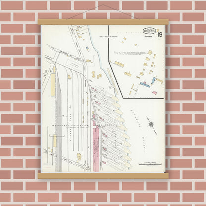 Old map wall art mockup — magnetic wood frame on brick wall — Sanborn Fire Insurance Map from Bristol, Bucks County, Pennsylvania (1927), Sheet #0019