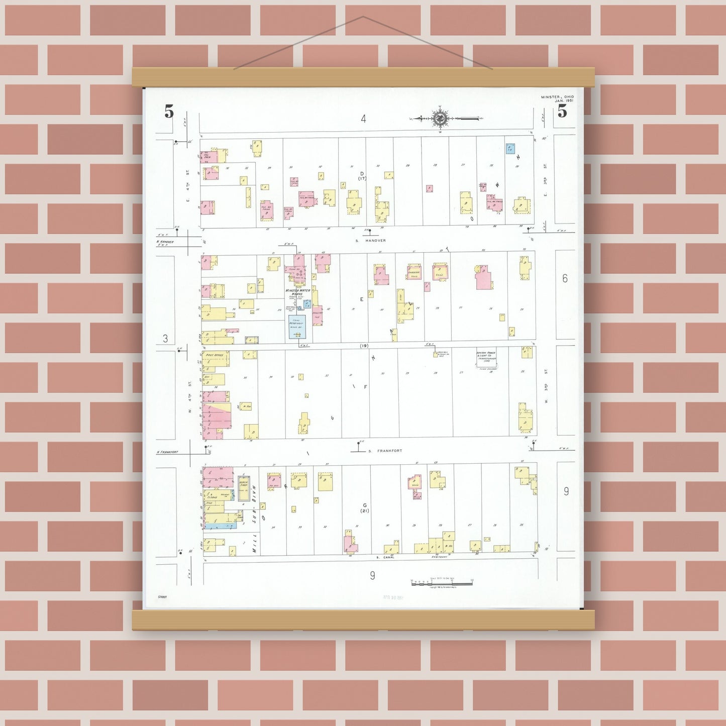 Old map wall art mockup — magnetic wood frame on brick wall — Sanborn Fire Insurance Map from Minster, Auglaize County, Ohio (1951), Sheet #0005