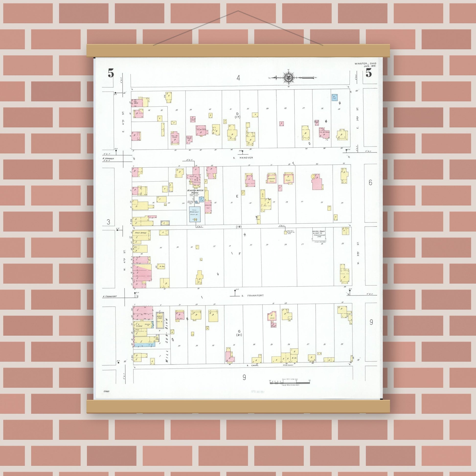 Old map wall art mockup — magnetic wood frame on brick wall — Sanborn Fire Insurance Map from Minster, Auglaize County, Ohio (1951), Sheet #0005