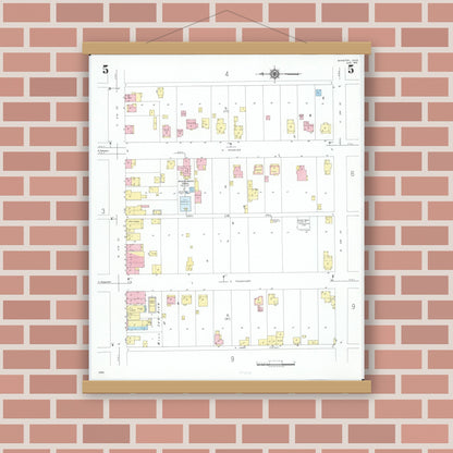 Old map wall art mockup — magnetic wood frame on brick wall — Sanborn Fire Insurance Map from Minster, Auglaize County, Ohio (1951), Sheet #0005