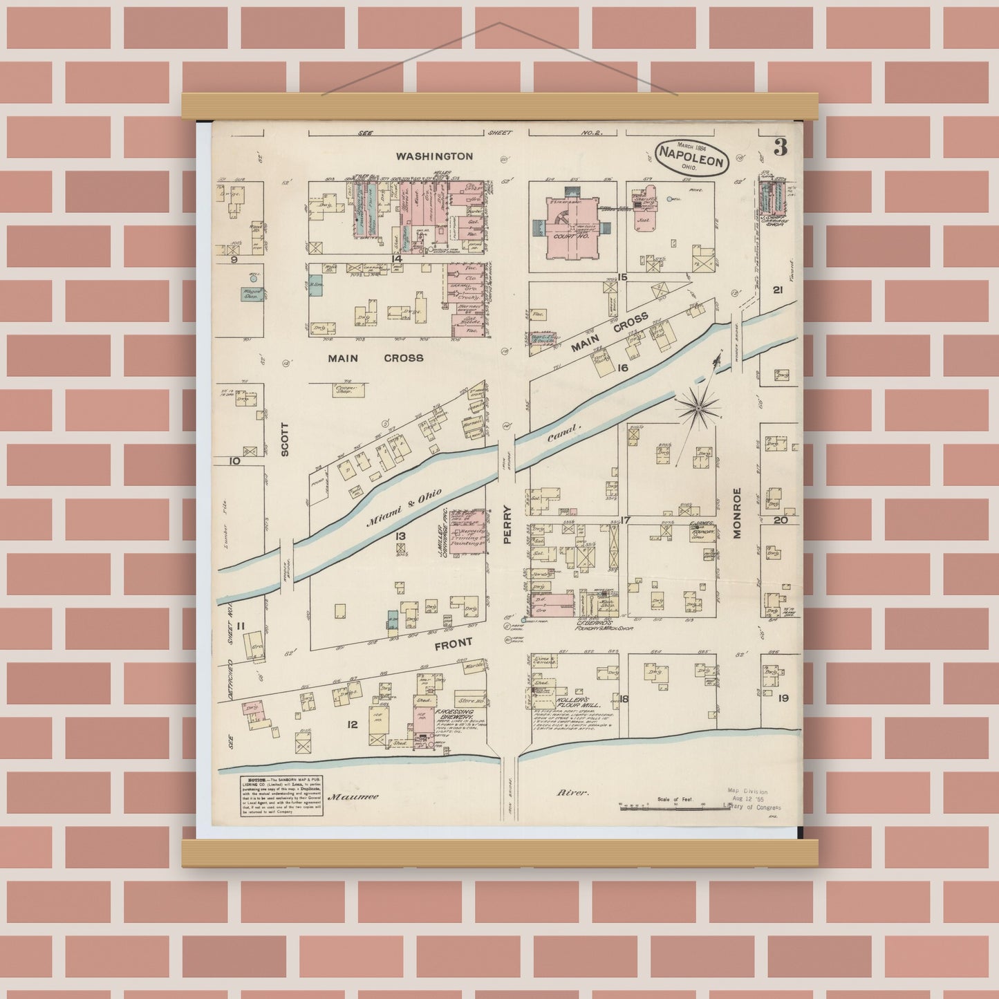 Old map wall art mockup — magnetic wood frame on brick wall — Sanborn Fire Insurance Map from Napoleon, Henry County, Ohio (1884), Sheet #0003