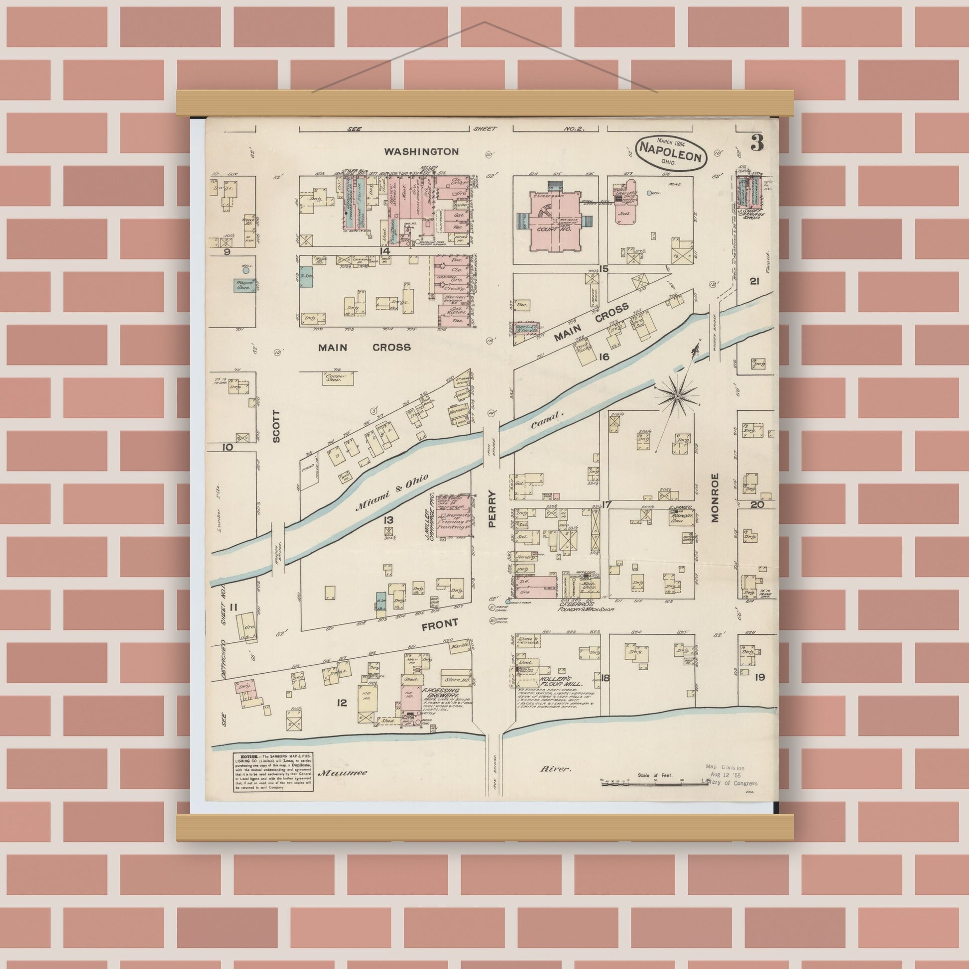 Old map wall art mockup — magnetic wood frame on brick wall — Sanborn Fire Insurance Map from Napoleon, Henry County, Ohio (1884), Sheet #0003