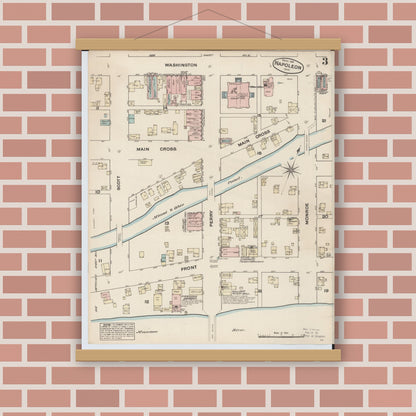 Old map wall art mockup — magnetic wood frame on brick wall — Sanborn Fire Insurance Map from Napoleon, Henry County, Ohio (1884), Sheet #0003