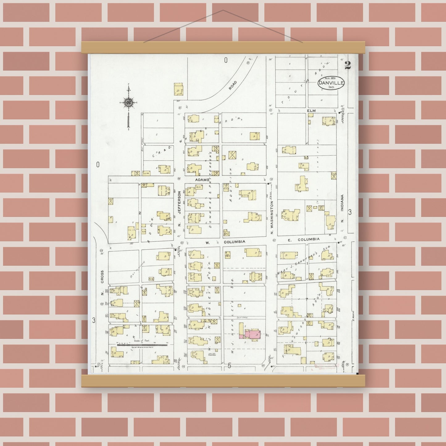 Old map wall art mockup — magnetic wood frame on brick wall — Sanborn Fire Insurance Map from Danville, Hendricks County, Indiana (1920), Sheet #0002