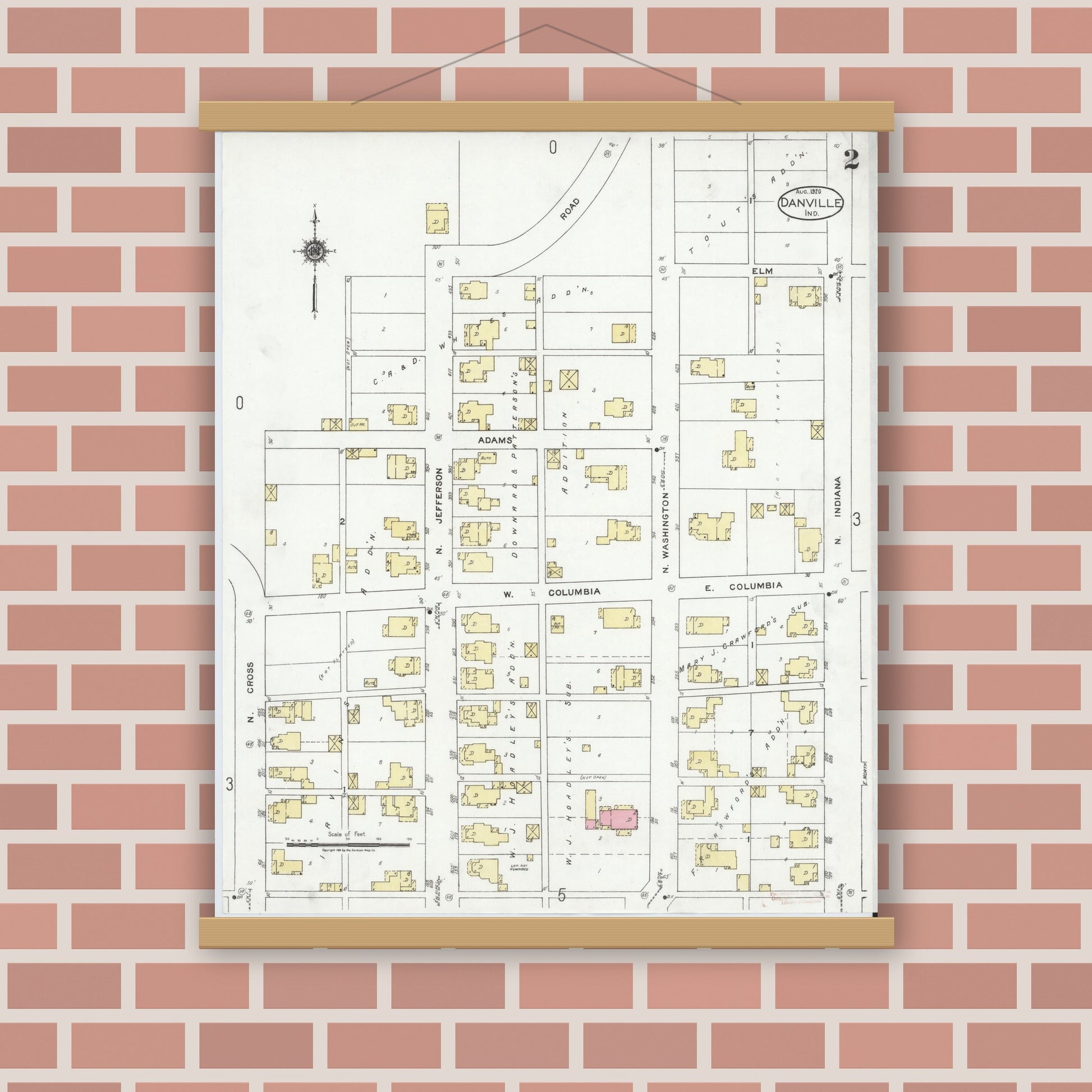 Old map wall art mockup — magnetic wood frame on brick wall — Sanborn Fire Insurance Map from Danville, Hendricks County, Indiana (1920), Sheet #0002