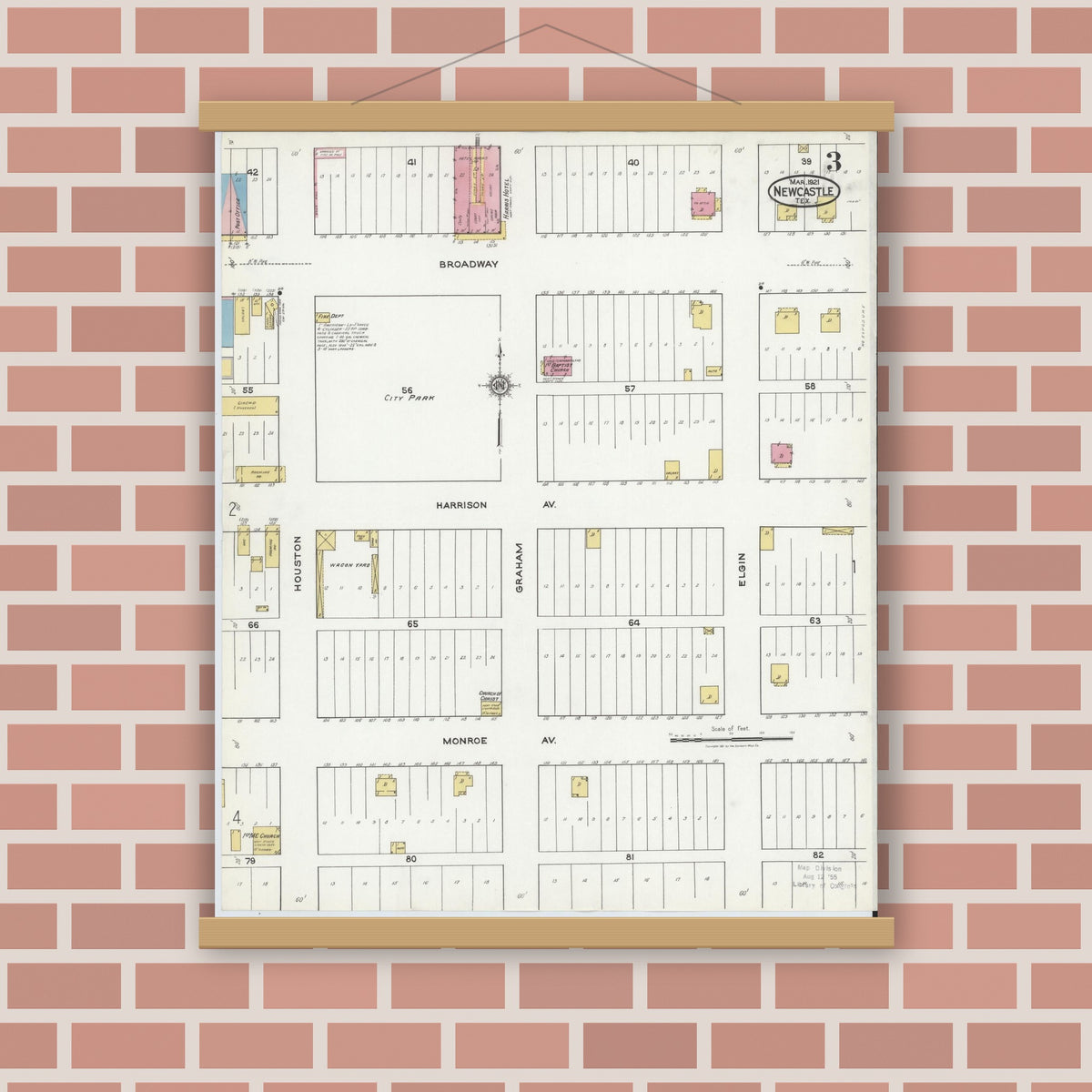 Old map wall art mockup — magnetic wood frame on brick wall — Sanborn Fire Insurance Map from Newcastle, Young County, Texas (1921), Sheet #0003