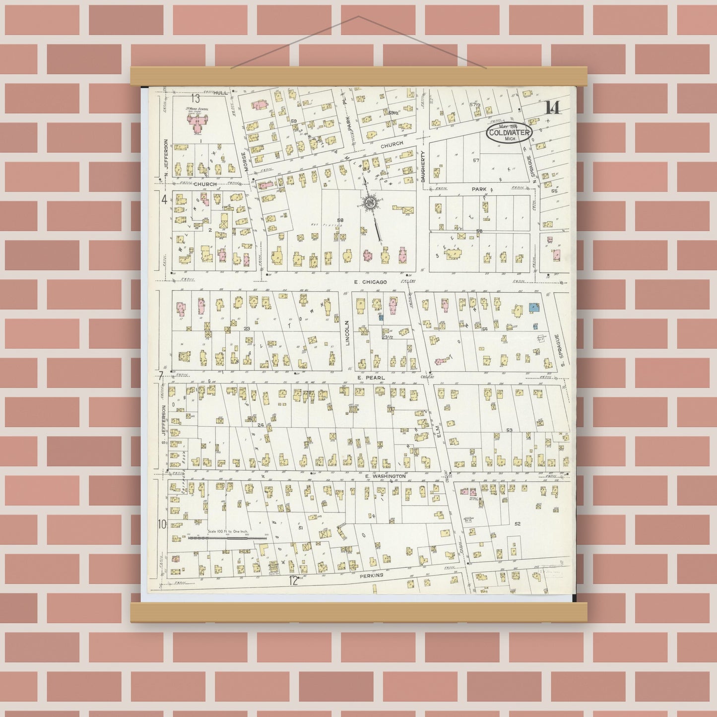 Old map wall art mockup — magnetic wood frame on brick wall — Sanborn Fire Insurance Map from Coldwater, Branch County, Michigan (1914), Sheet #0014
