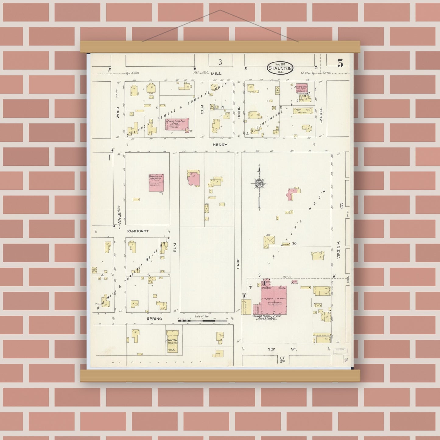 Old map wall art mockup — magnetic wood frame on brick wall — Sanborn Fire Insurance Map from Staunton, Macoupin County, Illinois (1913), Sheet #0005
