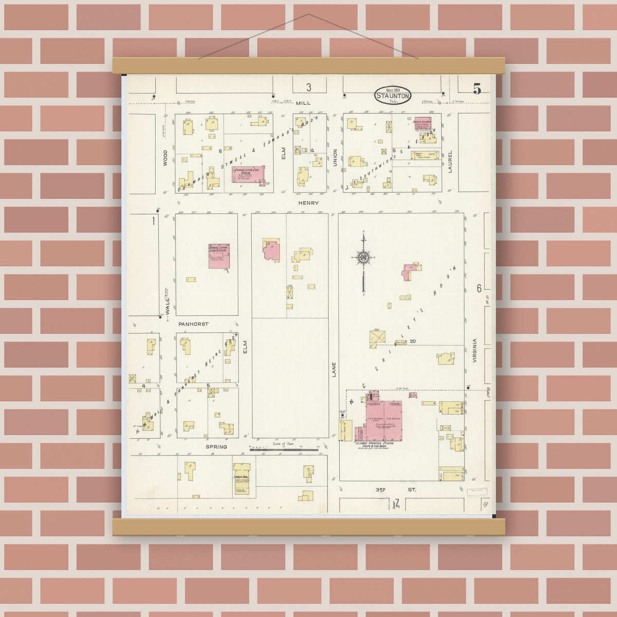 Old map wall art mockup — magnetic wood frame on brick wall — Sanborn Fire Insurance Map from Staunton, Macoupin County, Illinois (1913), Sheet #0005