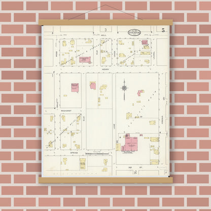 Old map wall art mockup — magnetic wood frame on brick wall — Sanborn Fire Insurance Map from Staunton, Macoupin County, Illinois (1913), Sheet #0005