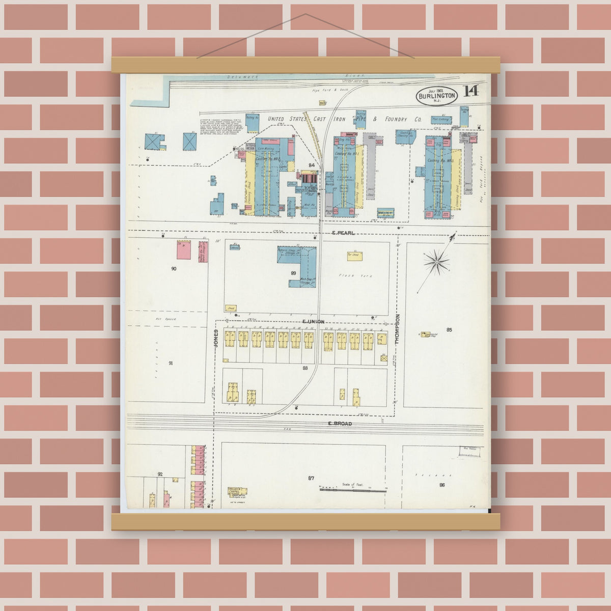 Old map wall art mockup — magnetic wood frame on brick wall — Sanborn Fire Insurance Map from Burlington, Burlington County, New Jersey (1902), Sheet #0014