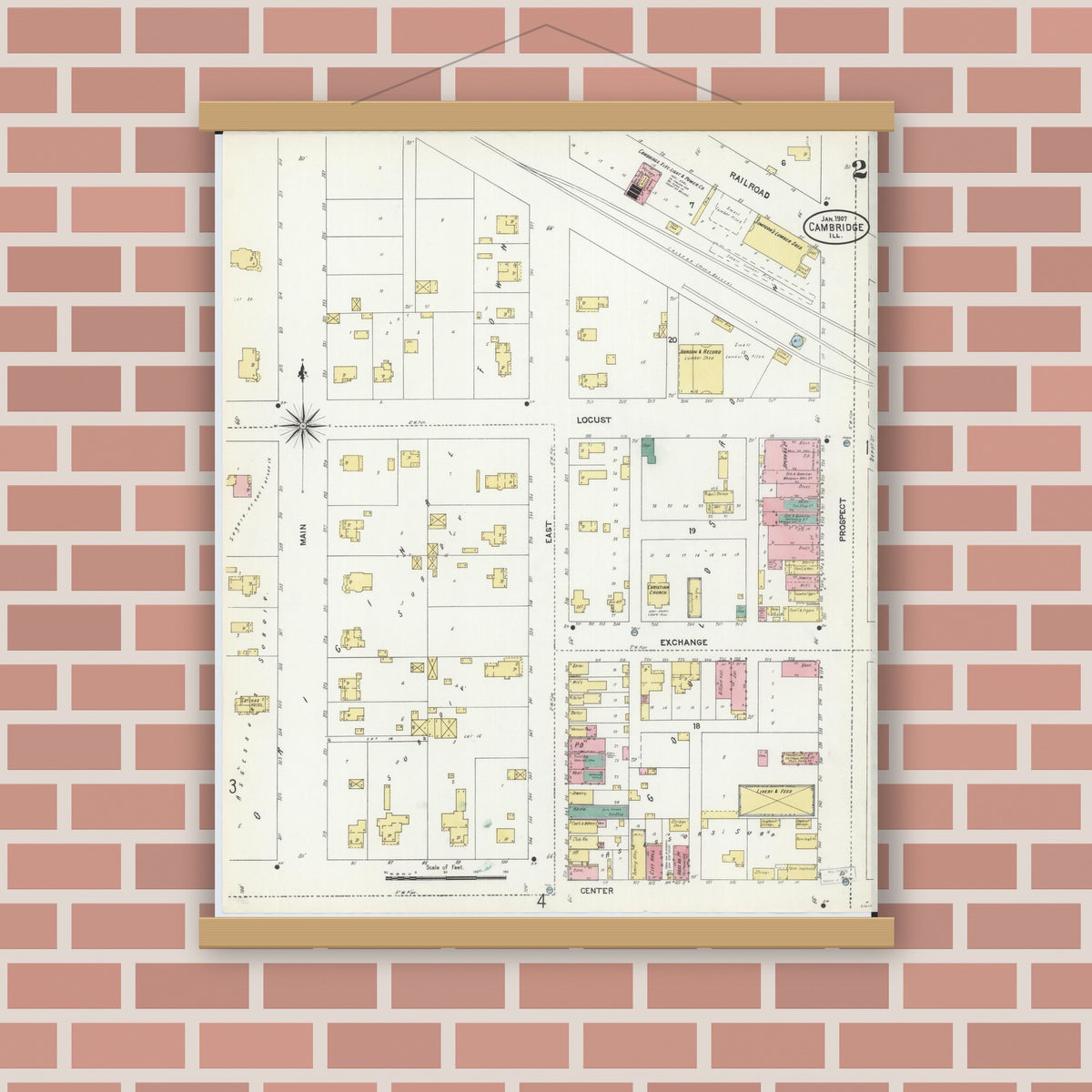 Old map wall art mockup — magnetic wood frame on brick wall — Sanborn Fire Insurance Map from Cambridge, Henry County, Illinois (1907), Sheet #0002