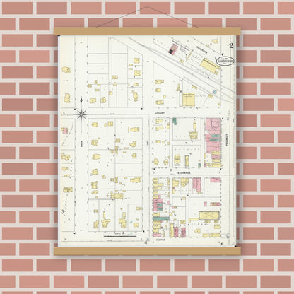 Old map wall art mockup — magnetic wood frame on brick wall — Sanborn Fire Insurance Map from Cambridge, Henry County, Illinois (1907), Sheet #0002