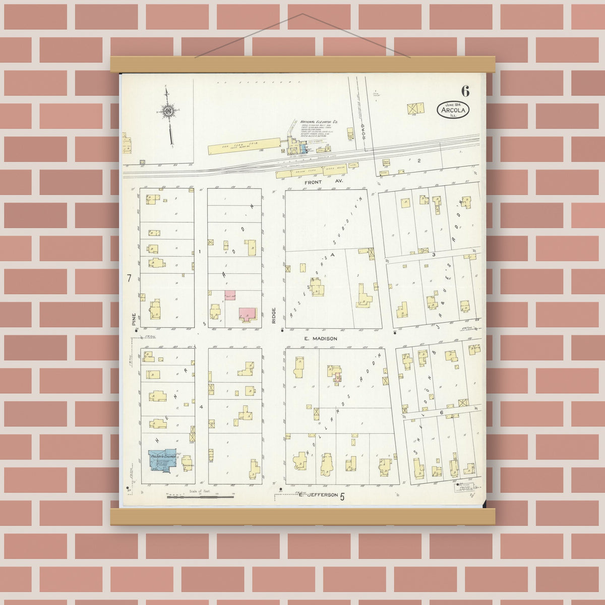 Old map wall art mockup — magnetic wood frame on brick wall — Sanborn Fire Insurance Map from Arcola, Douglas County, Illinois (1914), Sheet #0006