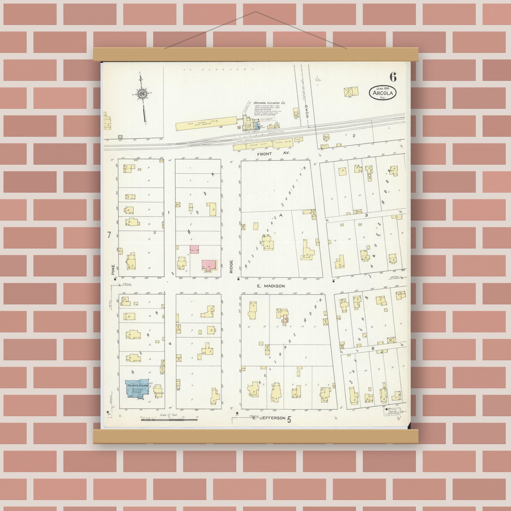 Old map wall art mockup — magnetic wood frame on brick wall — Sanborn Fire Insurance Map from Arcola, Douglas County, Illinois (1914), Sheet #0006