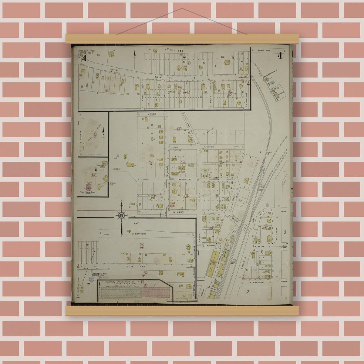 Old map wall art mockup — magnetic wood frame on brick wall — Sanborn Fire Insurance Map from Troup, Smith County, Texas (1943), Sheet #0004