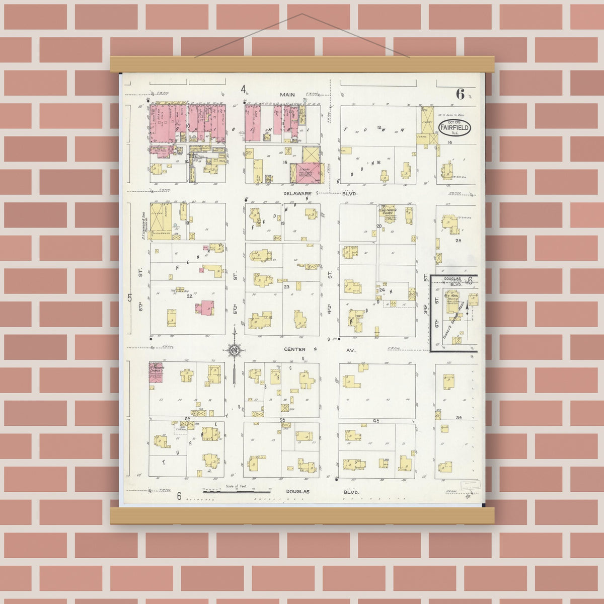 Old map wall art mockup — magnetic wood frame on brick wall — Sanborn Fire Insurance Map from Fairfield, Wayne County, Illinois (1913), Sheet #0006