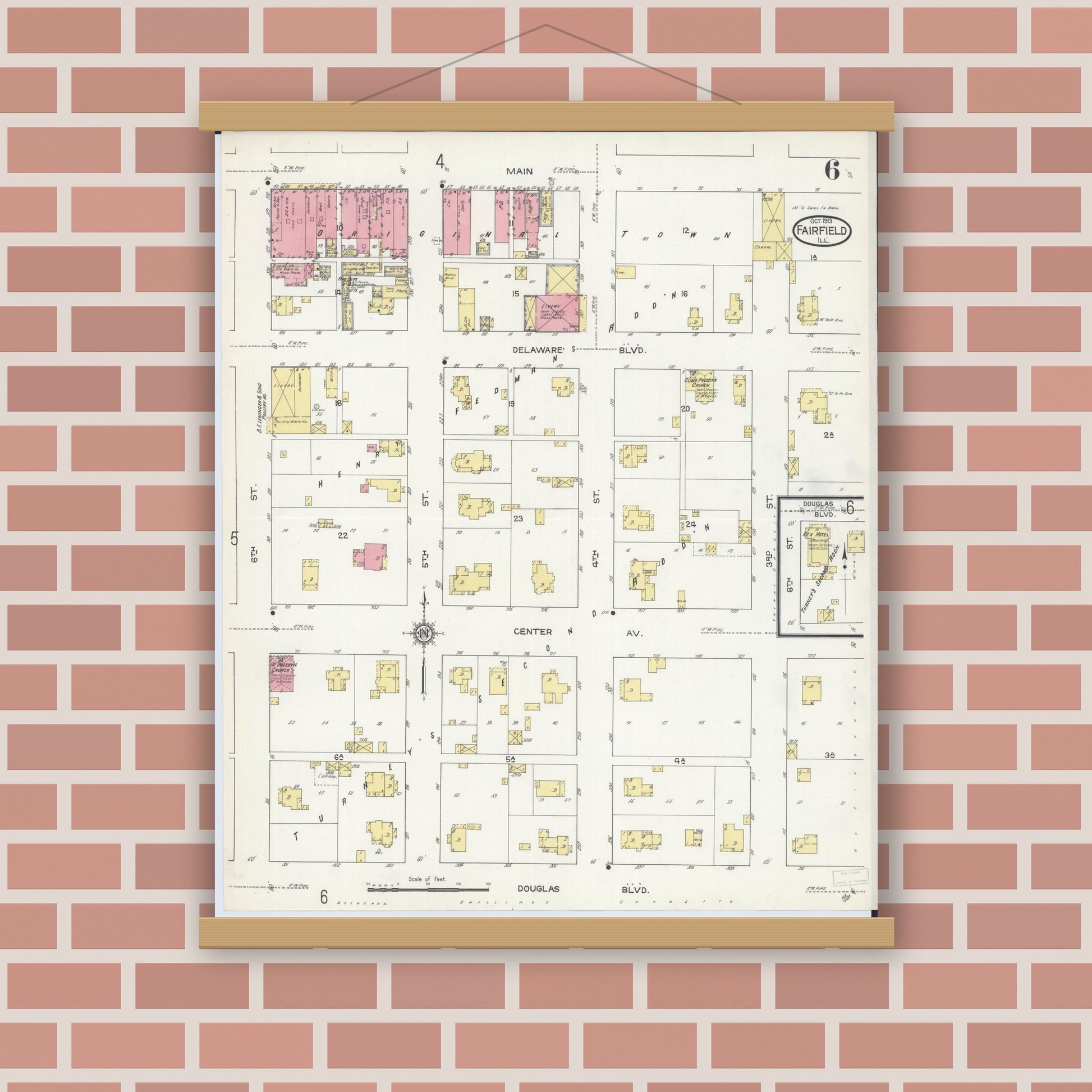 Old map wall art mockup — magnetic wood frame on brick wall — Sanborn Fire Insurance Map from Fairfield, Wayne County, Illinois (1913), Sheet #0006