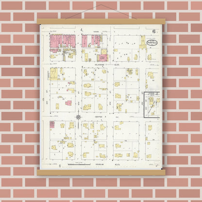 Old map wall art mockup — magnetic wood frame on brick wall — Sanborn Fire Insurance Map from Fairfield, Wayne County, Illinois (1913), Sheet #0006