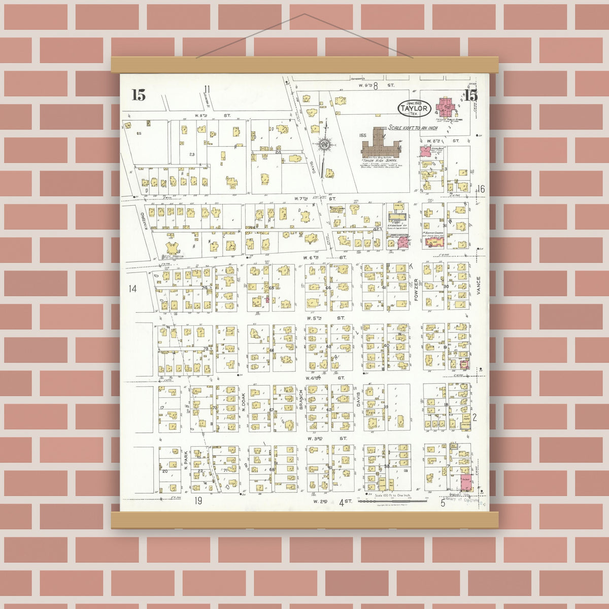 Old map wall art mockup — magnetic wood frame on brick wall — Sanborn Fire Insurance Map from Taylor, Williamson County, Texas (1923), Sheet #0015