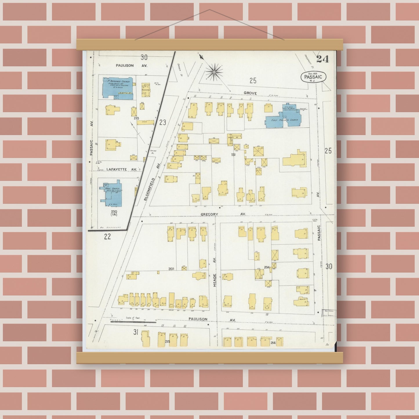 Old map wall art mockup — magnetic wood frame on brick wall — Sanborn Fire Insurance Map from Passaic, Passaic County, New Jersey (1903), Sheet #0024