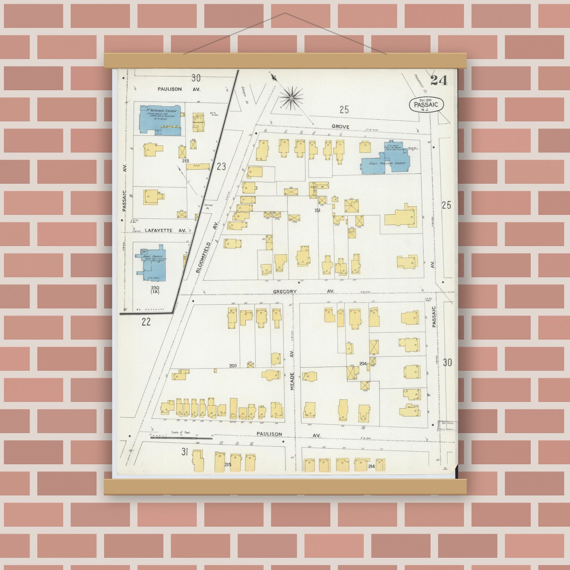 Old map wall art mockup — magnetic wood frame on brick wall — Sanborn Fire Insurance Map from Passaic, Passaic County, New Jersey (1903), Sheet #0024