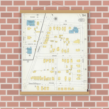 Old map wall art mockup — magnetic wood frame on brick wall — Sanborn Fire Insurance Map from Passaic, Passaic County, New Jersey (1903), Sheet #0024