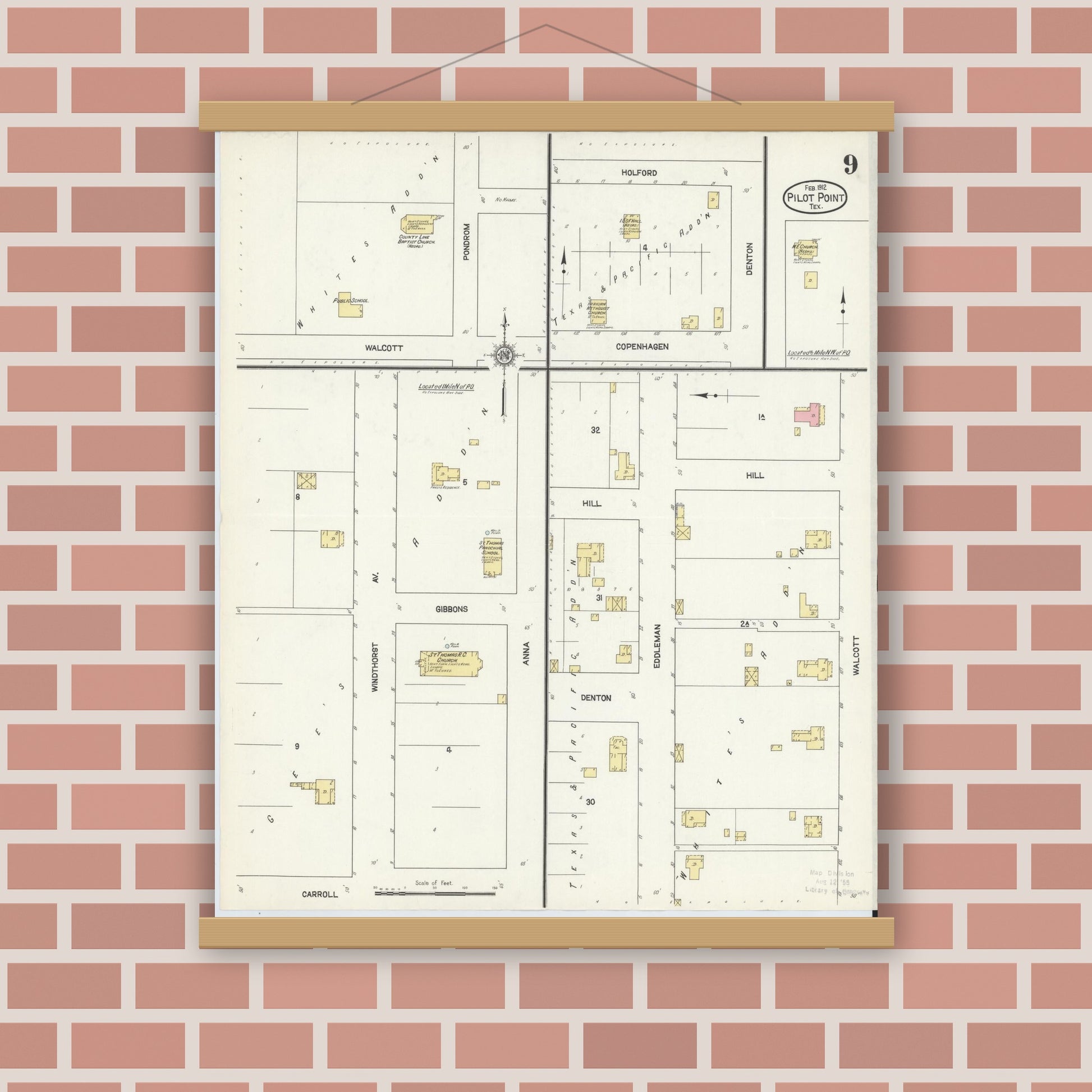 Old map wall art mockup — magnetic wood frame on brick wall — Sanborn Fire Insurance Map from Pilot Point, Denton County, Texas (1912), Sheet #0009