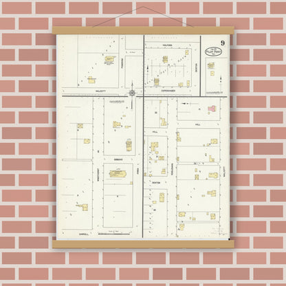 Old map wall art mockup — magnetic wood frame on brick wall — Sanborn Fire Insurance Map from Pilot Point, Denton County, Texas (1912), Sheet #0009