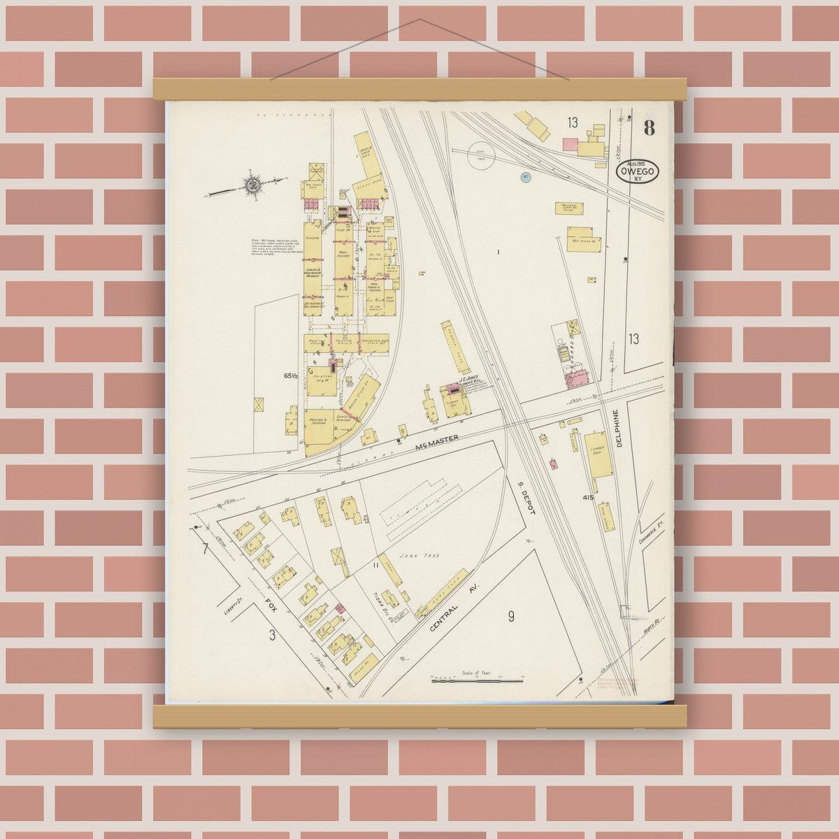 Old map wall art mockup — magnetic wood frame on brick wall — Sanborn Fire Insurance Map from Owego, Tioga County, New York (1915), Sheet #0008