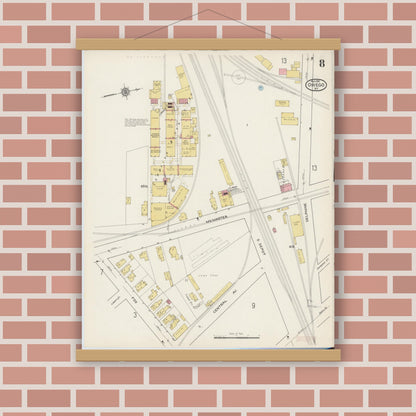 Old map wall art mockup — magnetic wood frame on brick wall — Sanborn Fire Insurance Map from Owego, Tioga County, New York (1915), Sheet #0008