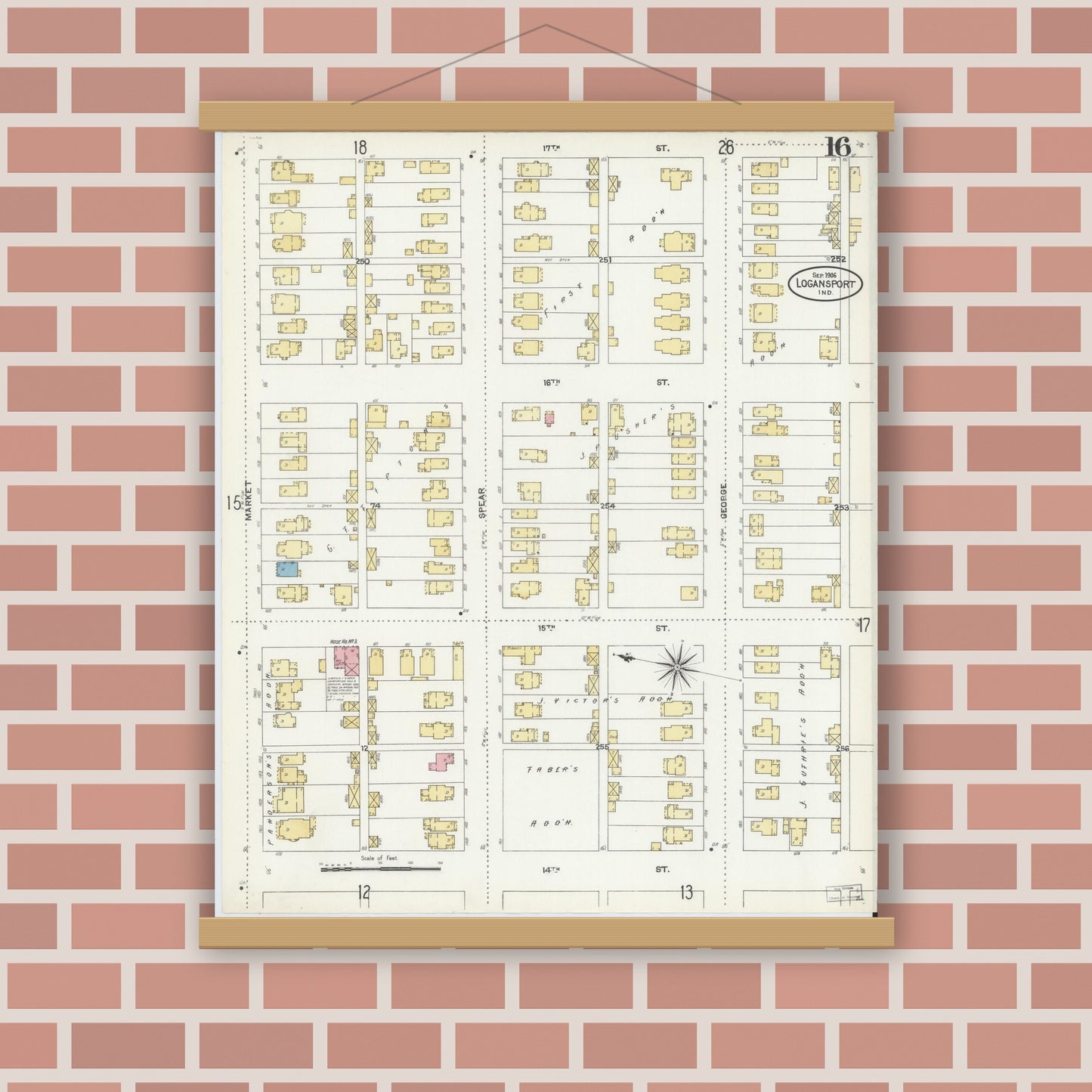 Old map wall art mockup — magnetic wood frame on brick wall — Sanborn Fire Insurance Map from Logansport, Cass County, Indiana (1906), Sheet #0016