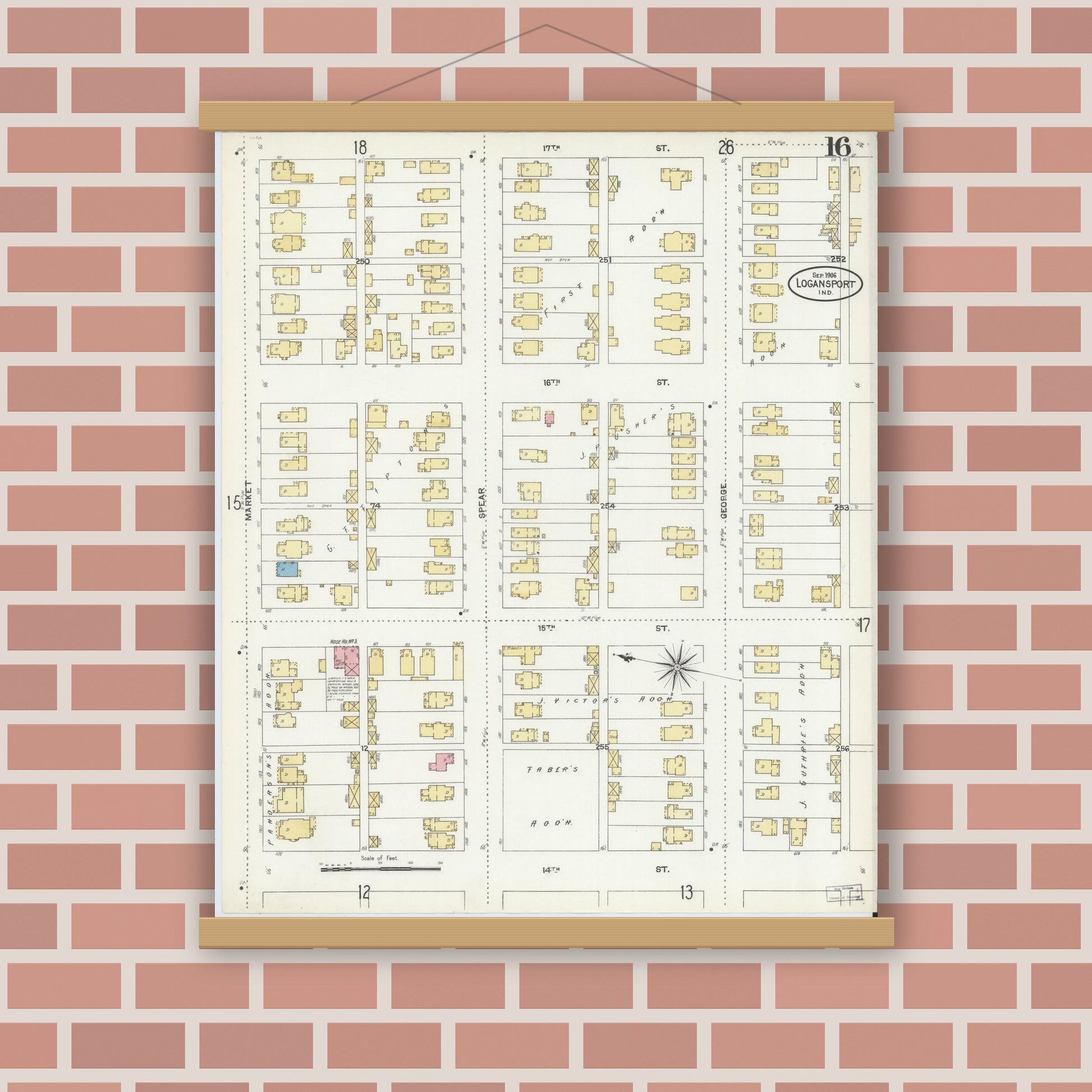 Old map wall art mockup — magnetic wood frame on brick wall — Sanborn Fire Insurance Map from Logansport, Cass County, Indiana (1906), Sheet #0016